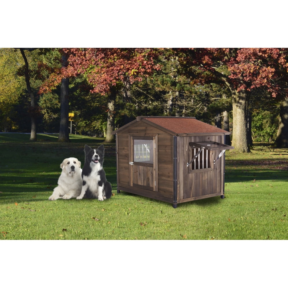 Large Outdoor Wooden Dog Kennel with Iron Frame, Cabin Style