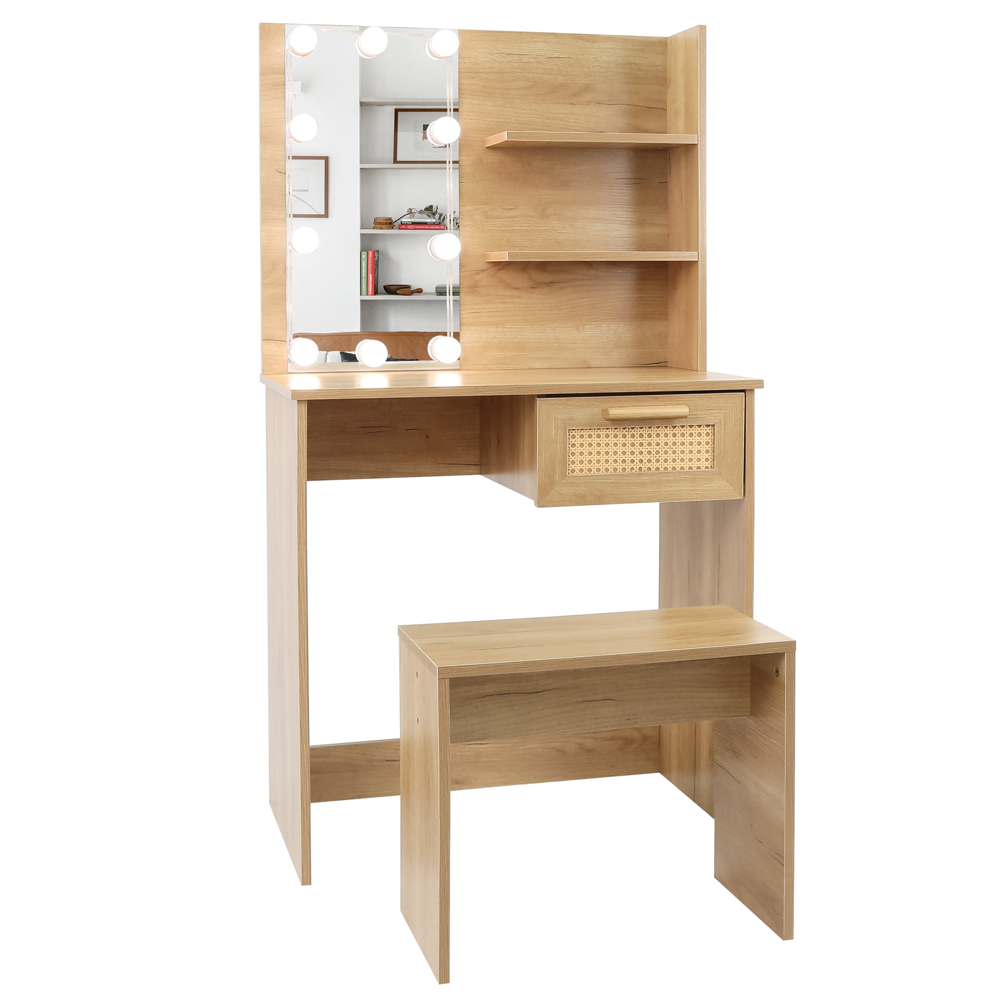 Spaco Makeup Table with LED Lighting Mirror, Makeup Vanity Desk with Modern Wood Cosmetic Table Chest of Drawers, Nature Spaco Makeup Table with LED Lighting Mirror, Makeup Vanity Desk with Modern Wood Cosmetic Table Chest of Drawers, Nature