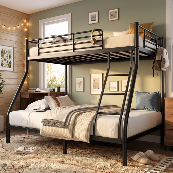 GARITIN Twin Over Full Bunk Bed and Sturdy Metal Bed Frame, Space Saving Bunk Bed with Safety Guardrails and Ladder for Teens Adults Kids and Shared Rooms, No Box Spring Needed, Black