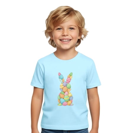 XAOFW Boy s T-Shirts Easter Short Sleeve Crewneck Bunny Egg Print Kids Casual T Shirts Everyday Wear Comfort Fit Tee Shirts Home Lounging Soft Comfortable Children Top