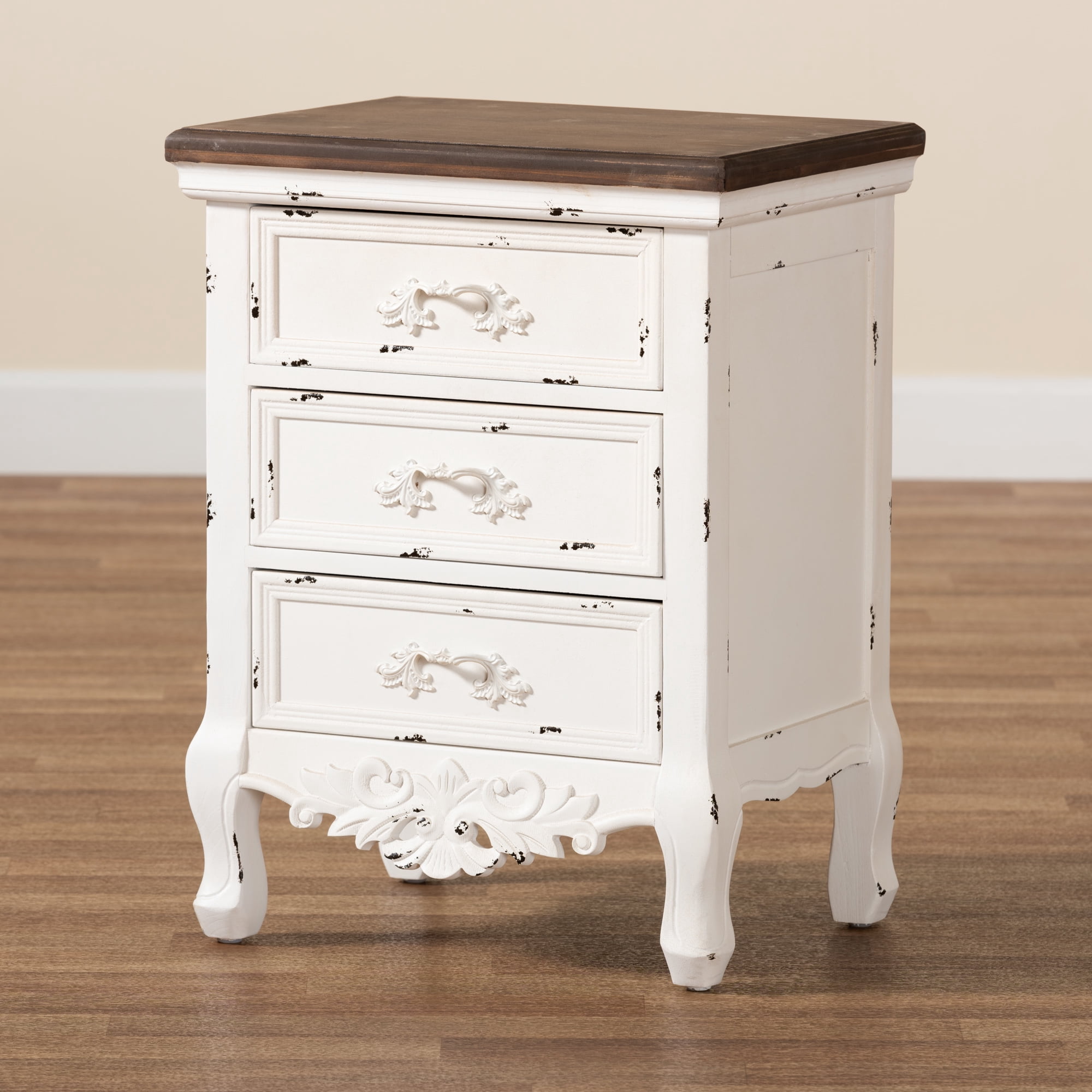 Baxton Studio Levron Classic and Traditional Walnut Brown and Antique White Finished Wood 3-Drawer End Table