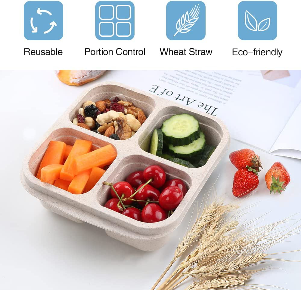 Korlon 6 Pack Snack Containers, 4 Compartments Snack Boxes for Kids, Wheat  Straw Meal Prep Reusable Food Storage Lunch Containers for Adults & Kids