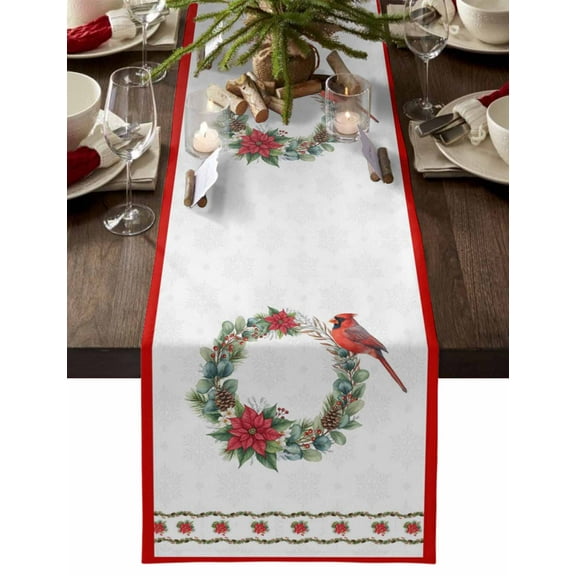 Christmas Table Runner Cardinal Bird Red Poppy Wreaths Table Runners Berry Pine Cones Cotton Linen Dresser Scarf Kitchen Dining Table Decor for Christmas Holiday Party Decor 13x90 Inch