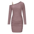 thumbnail image 4 of YHAJDS Women's Casual Dress,Women's Dresses Long Sleeve Dress Solid Color Asymmetric Neck Fitted Midi Dress Metal Button Slim for Fall Winter, 4 of 5
