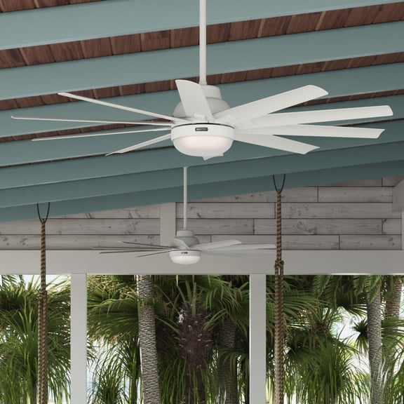 Hunter 60 inch Outdoor or Indoor Ceiling Fan with LED Light - White Ceiling Fan with Wall Control, For Patio, Garage, or Porch, Quiet, Standard Mount, 10 Blades - Overton 50720, Matte White