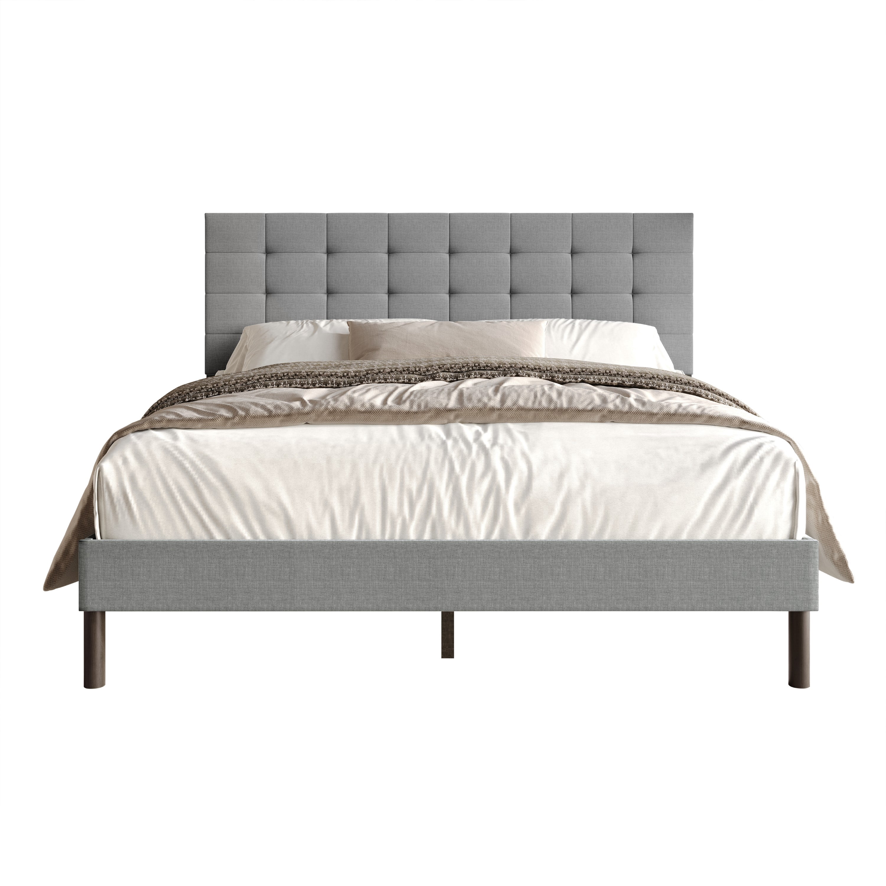 Home Design Haines King Linen Upholstered Panel Bed Frame with Rectangular Tufted Headboard & Sturdy Wooden Legs, Gray, Easy Assembly