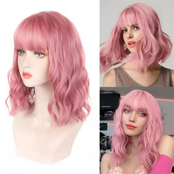 Short Wavy Wig with Bangs, Shoulder Length Bob Curly Women's Charming Synthetic Wigs Natural Fiber Heat Resistant Hair, Pink, 8oz, 13inch