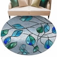 thumbnail image 2 of Glass Leaves Round Living Room Rugs 5 ft, Abstract Blue Green Ombre Leaf Glass Splicing Washable Area Rug with Non-Slip Sturdy Edge Binding Round Carpet for Entryway Kitchen Bedroom Bathroom, 2 of 9
