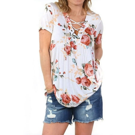 Lace Shift - Nlife Women's Floral Print Short Sleeve V Neck Lace Up Peplum Tee