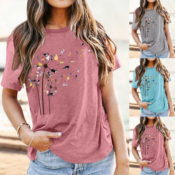 Trendfront Womens Dandelion Graphic T Shirts Crewneck Casual Short Sleeve Loose Fit Tops Trendy Fashion Tee Relaxed Pullover Daily Clothes
