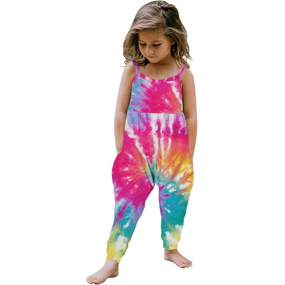 NAISIBABY Girls Suspenders Jumpsuit, Sleeveless Tie-Dye Gradient Printed Causal Summer Romper Hot Pink 3-4T