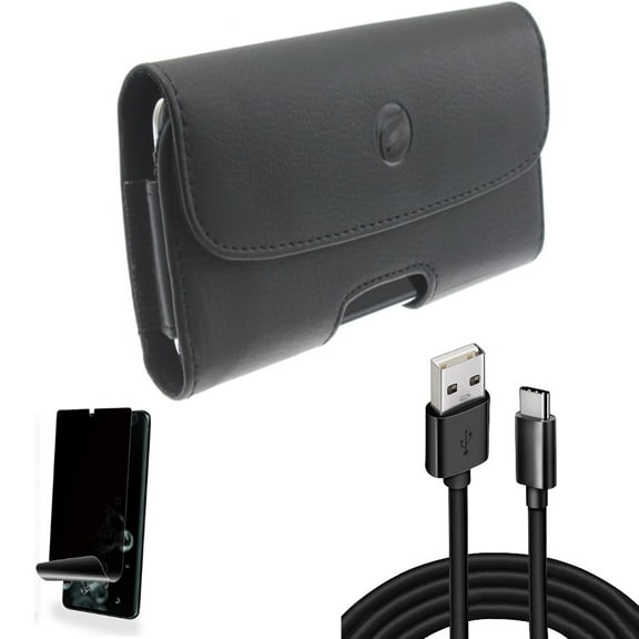 Privacy Screen Protector w Case Belt Clip w 10ft USB Cable for Samsung Galaxy S20 Ultra - TPU Film [NOT GLASS] [Fingerprint Works], Leather Holster Cover, Type-C Charger Cord fits Galaxy S20 Ultra