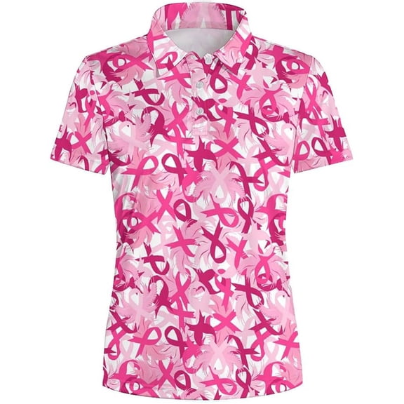 DHFJKG Cancer Awareness Polo Shirts For Women Ribbon Printed Short Sleeve Collared Shirts