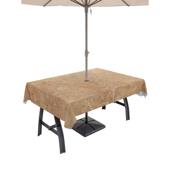 Outdoor Tablecloth with Umbrella Hole for Patio/Picnic/Party/Camping, Brown Beige Vintage Waterproof Table Cloth Rectangle Table Cover Washable, Pure Retro Art (60"x 120")