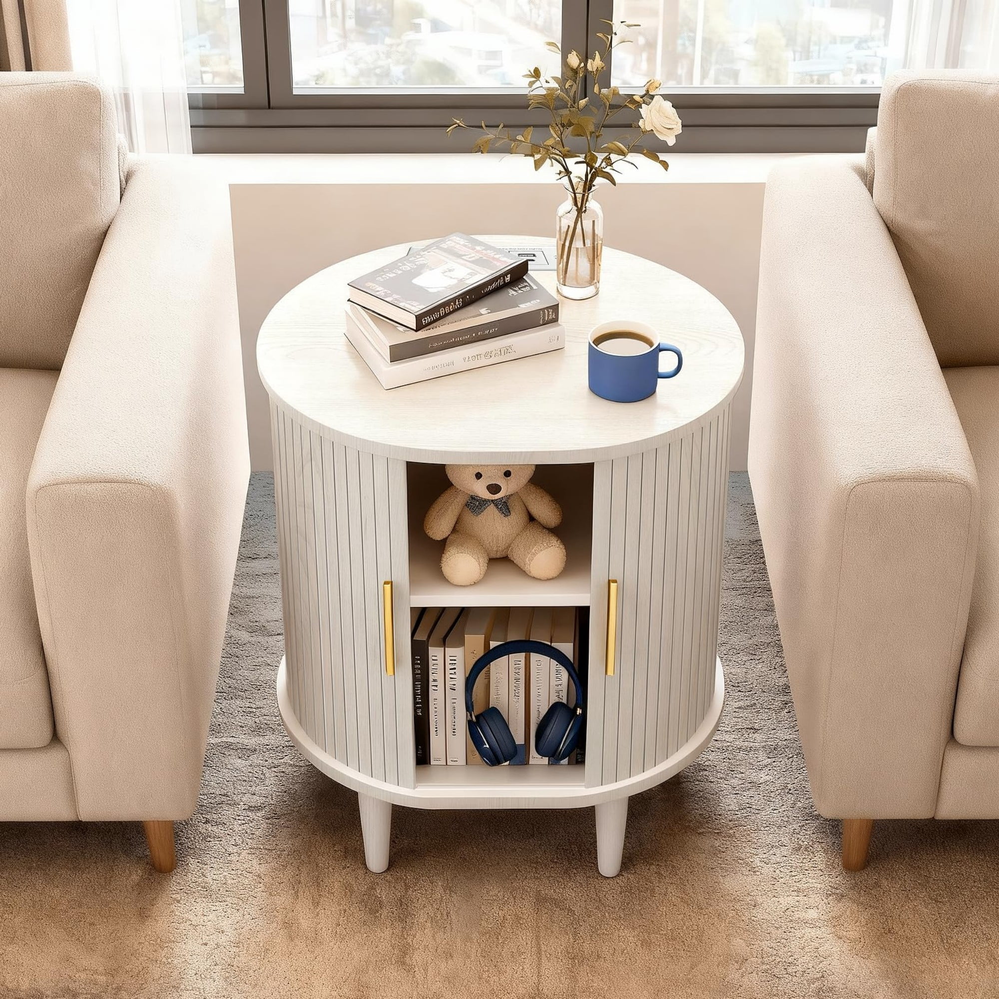 Mid Century Modern Nightstand with Charging Station, Fluted Side Table with Sliding Door & Adjustable Shelf, White