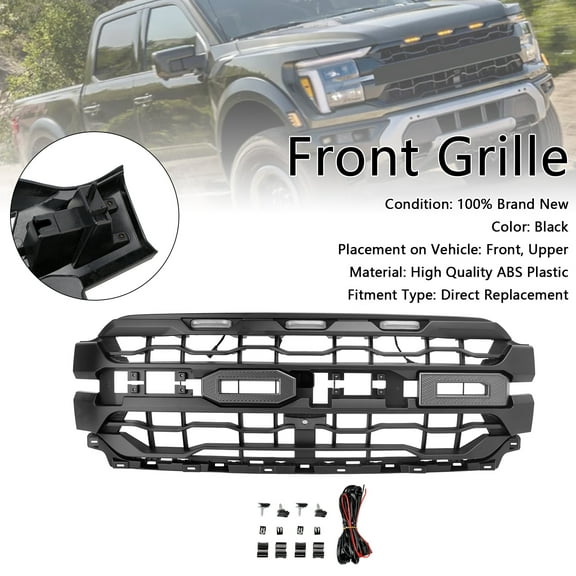 Black Front Bumper Grille Grill Fit For Ford F150 2024  With LED