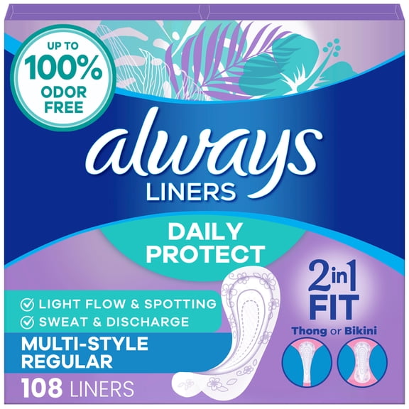 Always Daily Protect Multi-Style Liners, Regular, Unscented Panty Liners, 108 Count