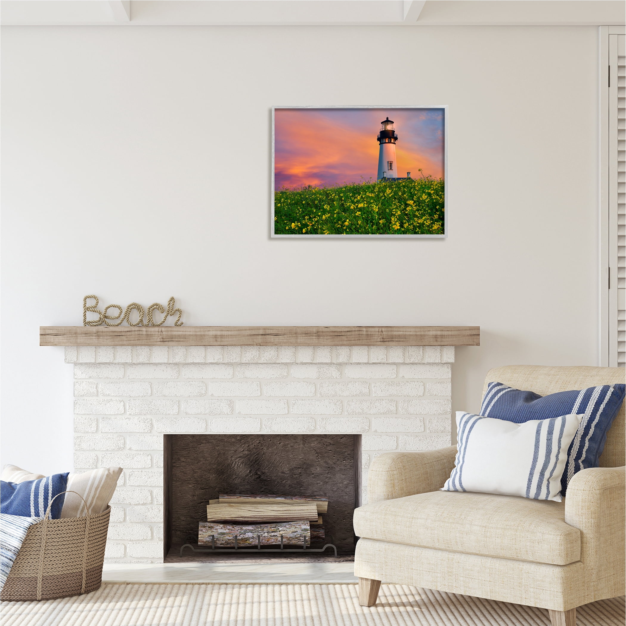 Stupell Industries Lighthouse in Meadow Sunrise Nature Photography Gray Framed Art Print Wall Art, 30 x 24