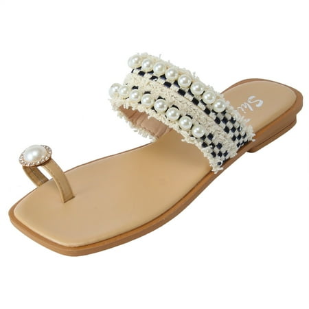 

Mortilo Fashion Summer Women Slippers Thong Pearl Strap Flat Comfort Casual Style Beach PU slipper for Women Black