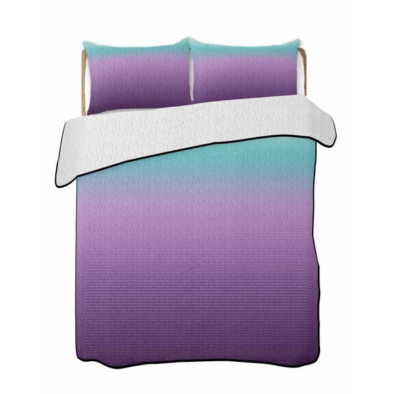 Quilts Twin-XL Size Bedding Set, Teal Purple Ombre Lightweight Quilted Comforter, Modern Geometric Striped Abstract Art Soft Reversible Bedspread Coverlet with Pillow Covers for All Season, 68" x 98"