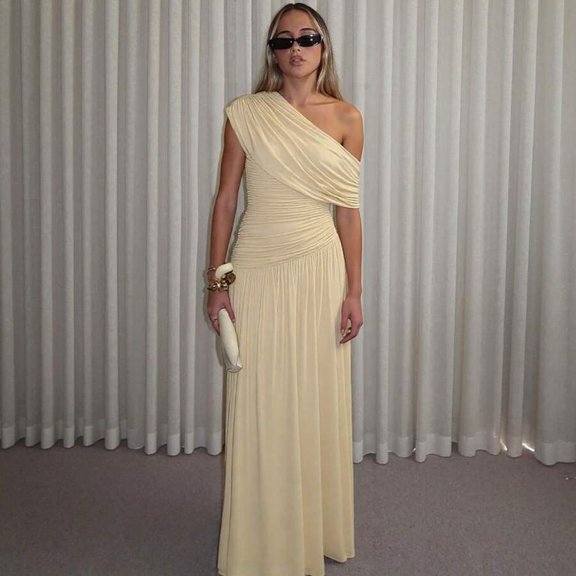 Apricot Women One Shoulder Ruched Maxi Dress Asymmetrical Draped Neck Slim Fit Evening Party Gown