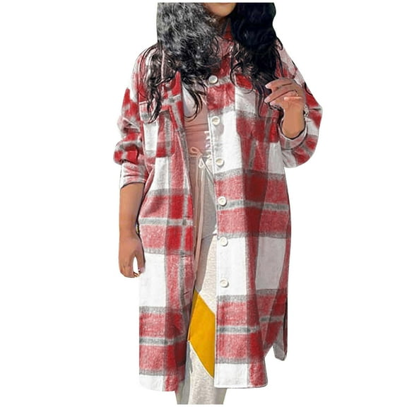 Womens'Autumn and Winter Fashion Plaid Jackets Plus Size Turn Down Collar Long Sleeve Casual Coat Cardigan Blouse