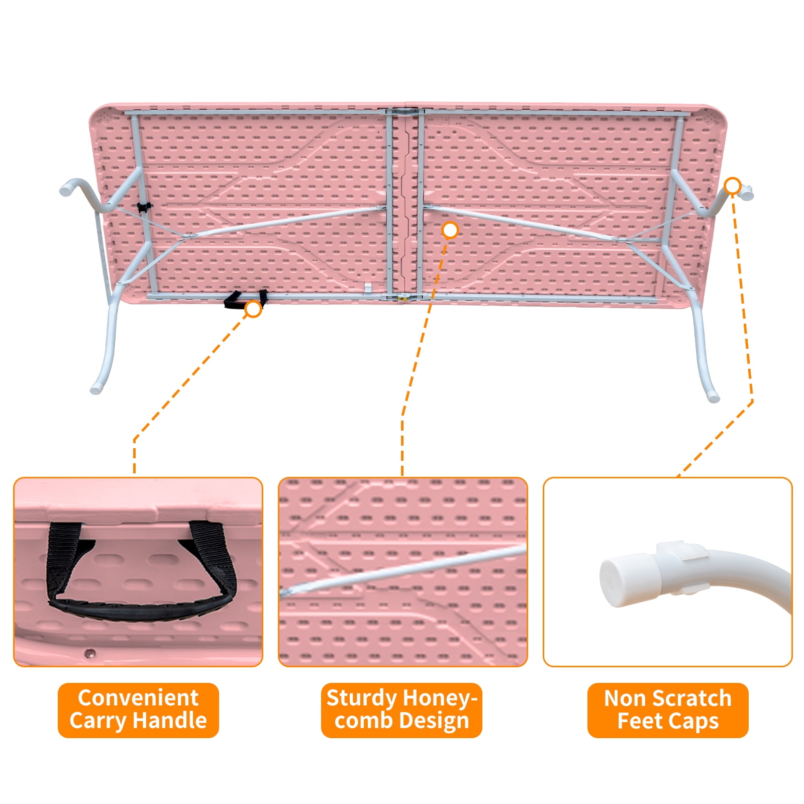 8ft Pink Portable Folding Plastic Table, Waterproof Easy Clean HDPE Tabletop with Steel Frame, Stable Triangular Support Foldable Table for Camping Picnic Party Indoor Outdoor Use