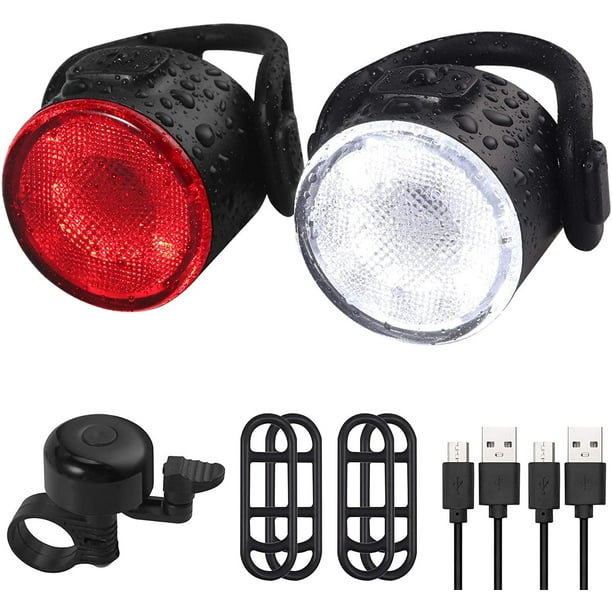 Bike Light Set with Bike Bell 2 Pack USB Rechargeable LED Bicycle Light Set 6 Brightness Modes Lithium Battery IPX5 Waterproof LED Bike Lights