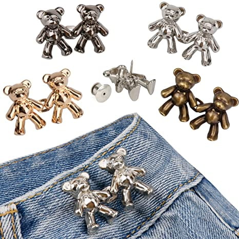 NAMZI Cute Bear Button Pins for Jeans, No Sew and No Tools Instant Pant Waist Tightener, Adjustable Jean Buttons Pins for Loose Jeans 4 Sets Jeans Button Replacement Pant Clips for Waist Buckle