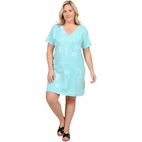 INGEAR Women’s Beach Swimsuit Cover Up, Short Cotton Shift Dress with Pockets, Blue ,XL