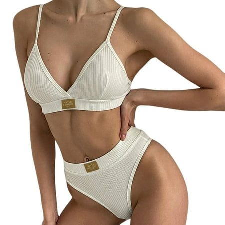 

YIWEI Women Bra Panty Set Seamless Ribbed Comfortable V Neck Sports Bra Set White S