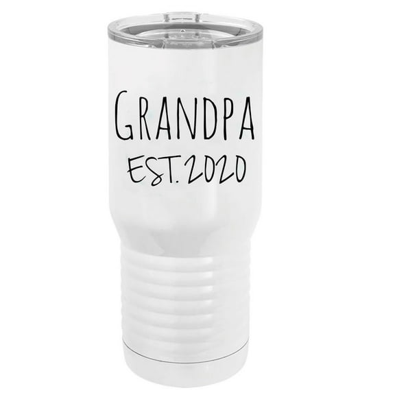 Grandpa Est. 2020 Established Stainless Steel Vacuum Double-Walled Insulated 20 Oz Tumbler Travel Coffee Mug with Clear Lid, White