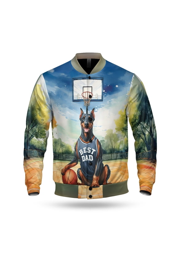 Happy Father's Day Doberman Pinscher Playing Basketball with Best Dad Jersey All Over Print 3D Baseball Jacket Doberman Dog Lover Gifts Bomber Jacket Softball - 13006