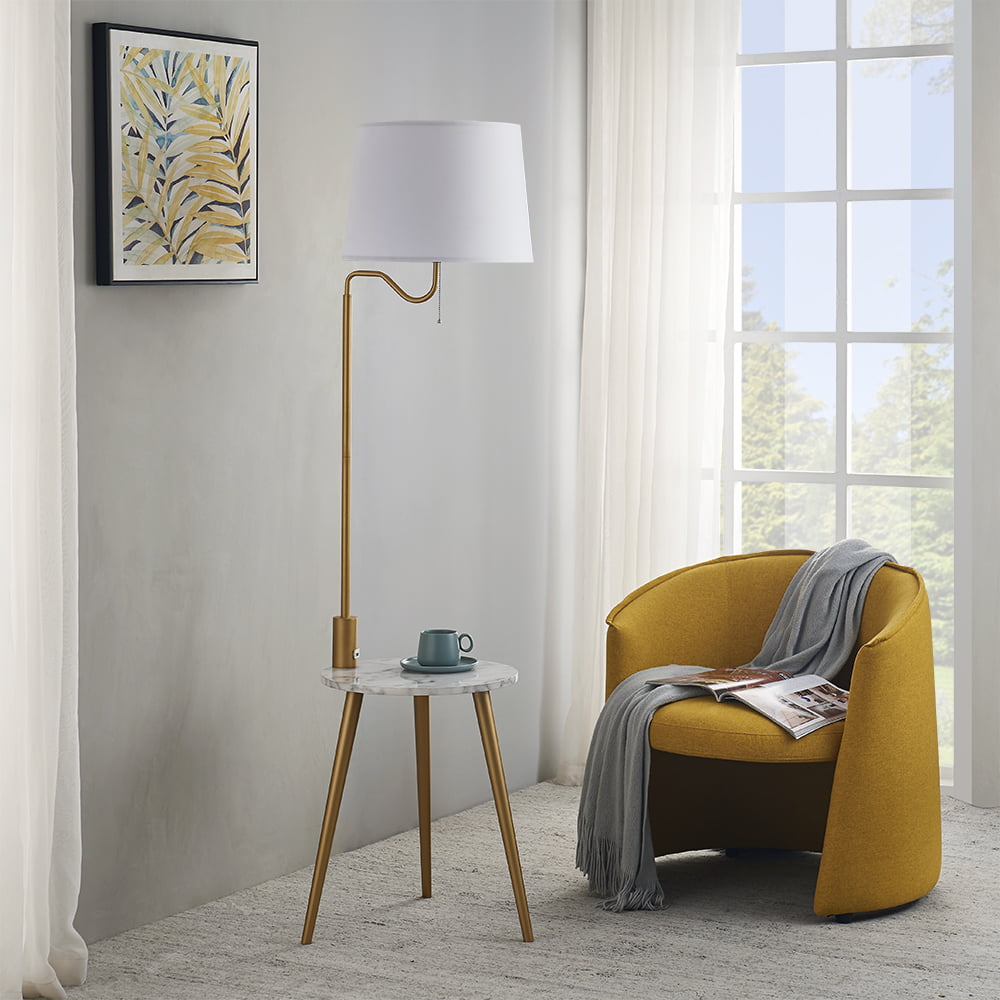 White Shade Costzon Floor Lamp Swing Arm Lamp w/Shade Built in End Table Includes 2 USB Ports