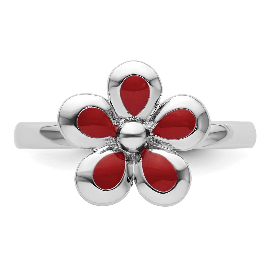 925 Sterling Silver Stackable Polished Red Enameled Flower Ring Size 6 Stackable Ring for Women