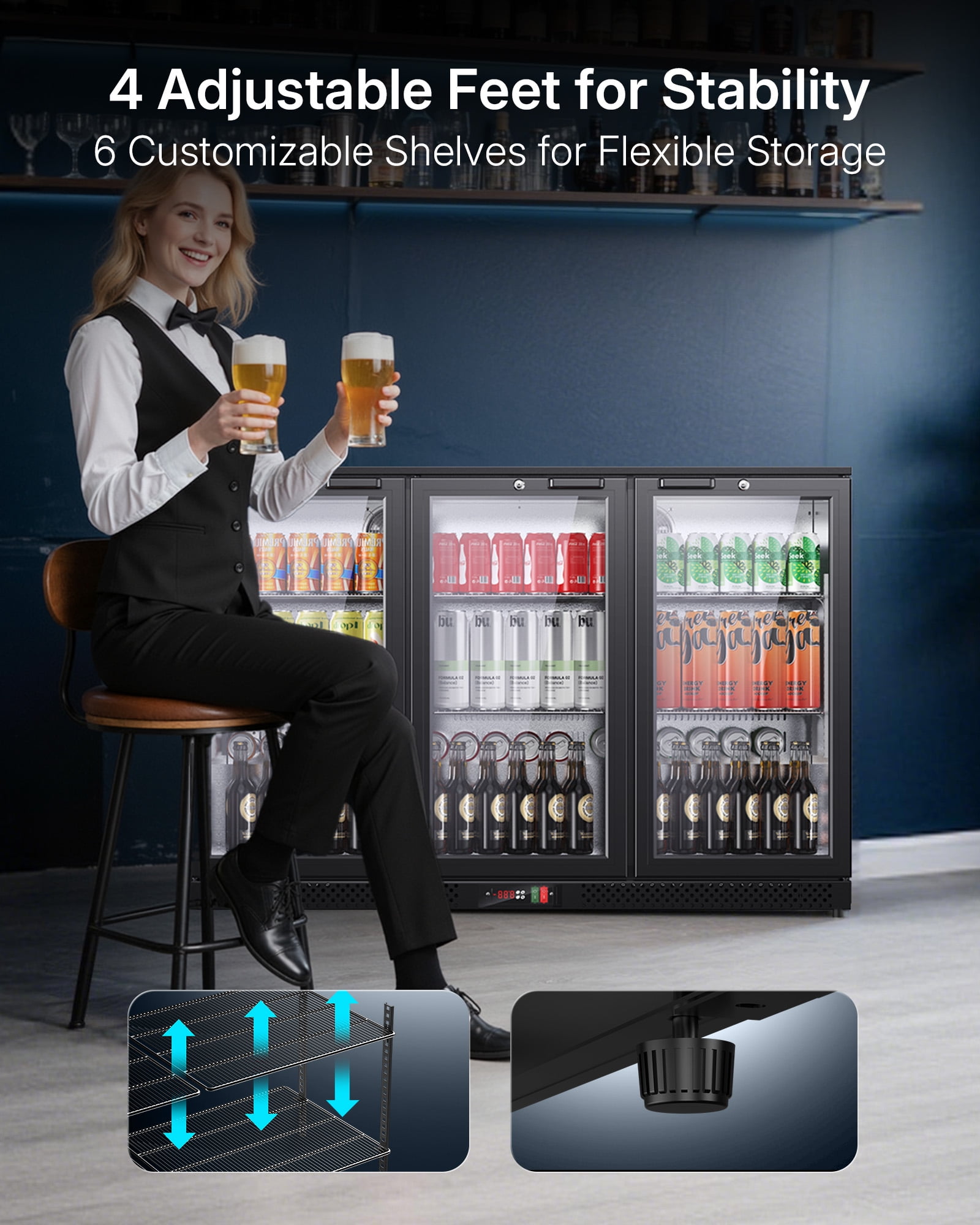 Upstreman 11.4 Cu.Ft Wine and Beverage Refrigerator, Three Zone Wine Cooler Beverage Fridge 3 Glass Door Commercial Refrigerator, 112 Bottles and 328 Cans, BB114