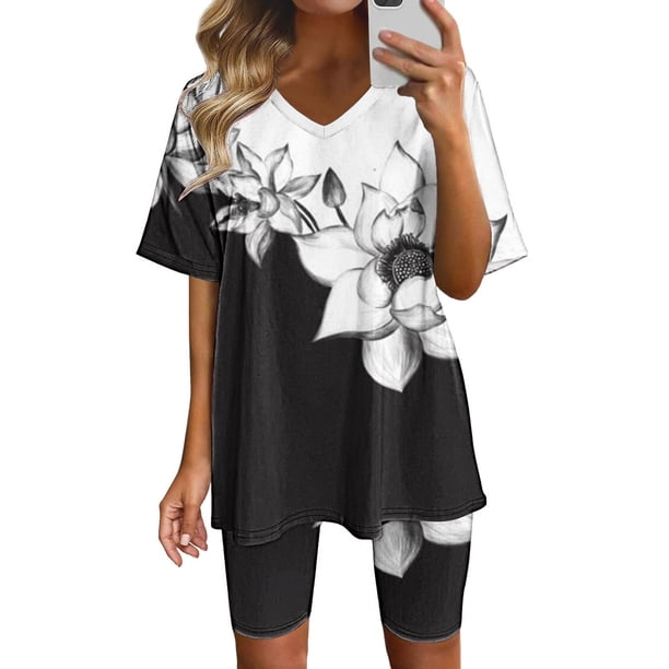 Puntoco Mujer Verano Manga Corta V-Cuello Tops Pantalones Cortos Cómodo Homewear Traje De Dos Piezas Conjuntos Liquidación Puntoco Puntoco-5213
