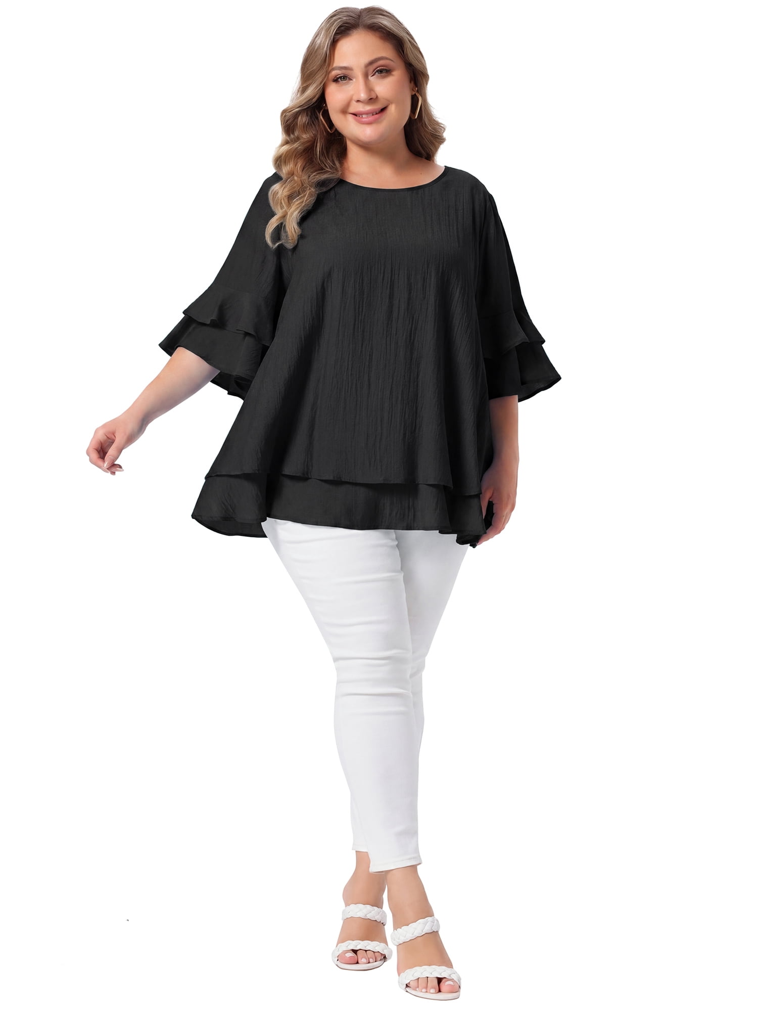 DARING DIVA Women's Plus with Crew Neck and Ruffle Half Tops 3X Black