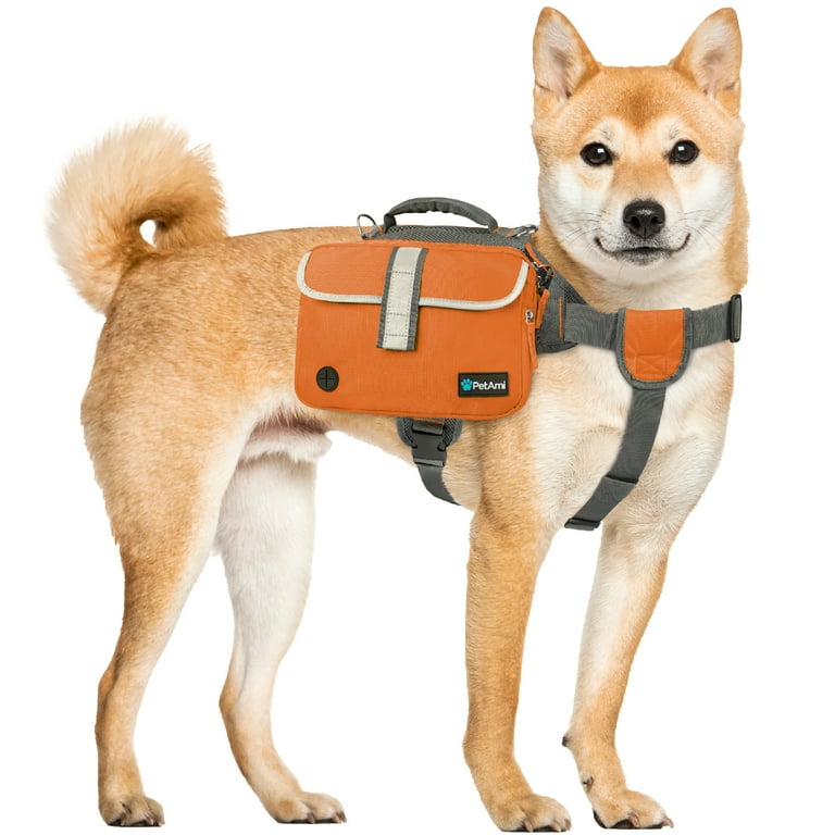 PetAmi Dog Backpack Saddle Bag for Medium Large Dogs Saddlebag for Dogs to Wear Harness Saddlebag for Hiking with Reflective Safety Side Pockets Vest Dog Pack for Camping Travel Orange Large