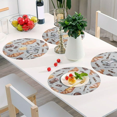

Round Grid Placemat One Sizex1 Round Placemat PVC Plate Mat，15.4 Inch Non-Slip and Heat Resistant Table Placemat Dining Room Placemat Cartoon Croissants