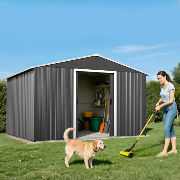Nuu Garden 8 x 10 FT Garden Storage Shed with Sliding Doors, Galvanized Sheet Tool Shed with Sloping Roof, Anti-Corrosion Garden Shed with Air Vents for Backyard Patio Lawn, Dark Gray