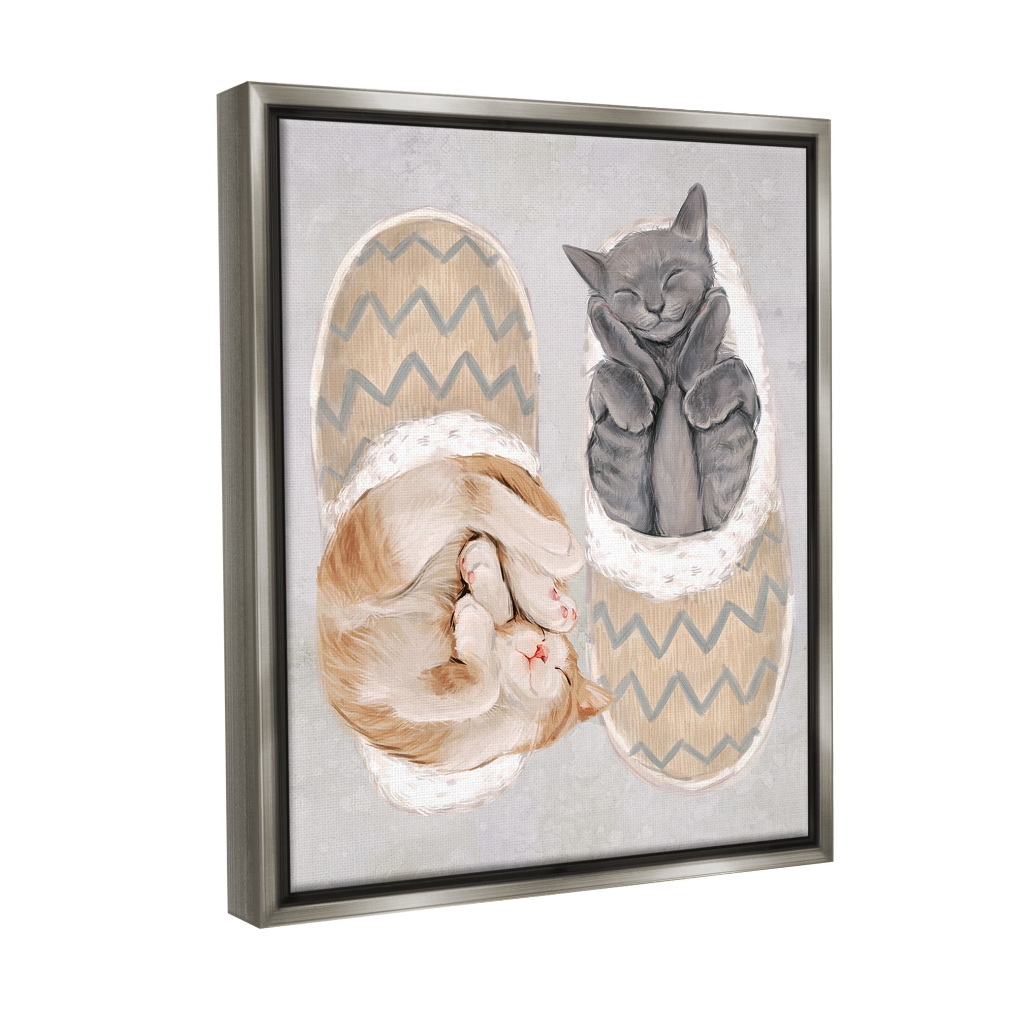 Stupell Industries Kittens In Slippers Animals & Insects Painting Gray Floater Framed Canvas Art Print Wall Art, 25 x 31