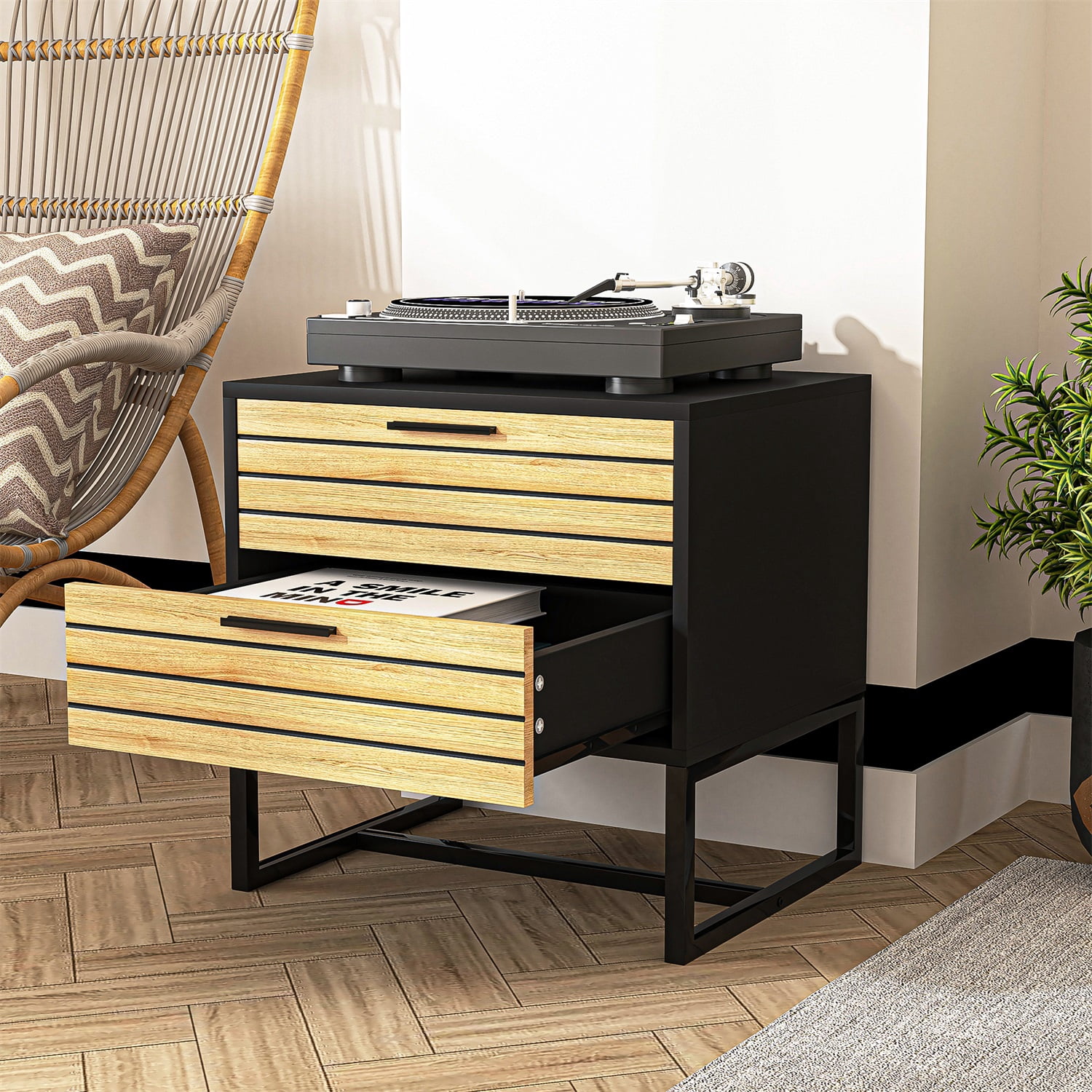 Hommoo 2 Tier Modern Nightstand, Wooden Bedside Table with Metal Leg, Night Stand Storage Cabinet, Black