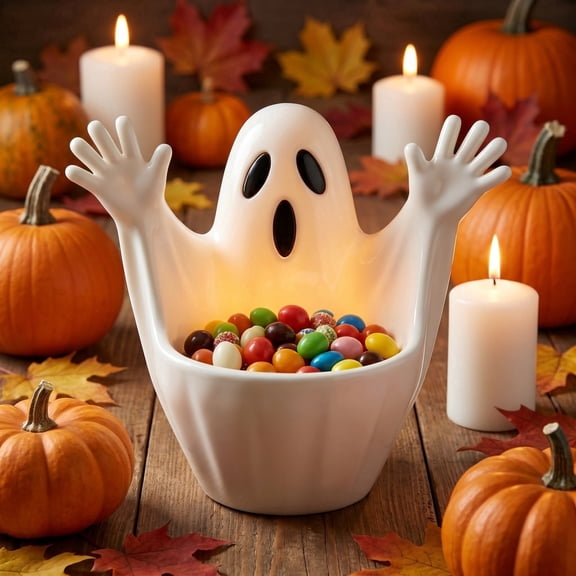 Raised Hands Ghost Candy Bowl, Cute Plastic Treat Container for Halloween Party Table Decor