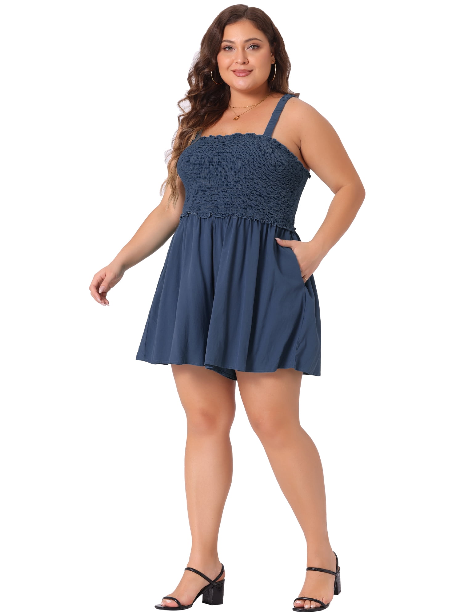 DARING DIVA Women's Plus Sleeveless Rompers with Pockets and Flowy Design 2X Navy Blue