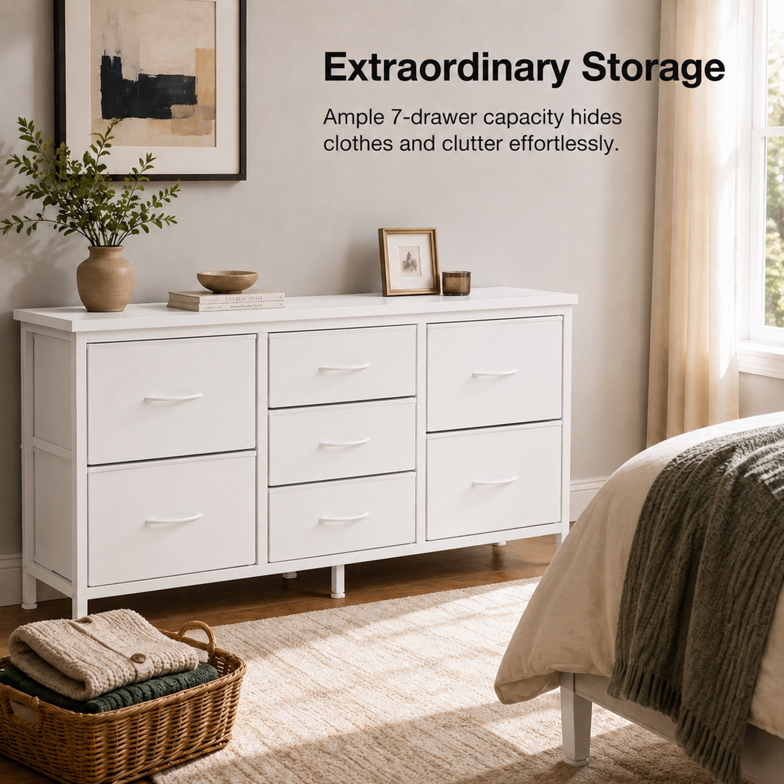 Alvantor 7 Drawer Fabric Dresser, Clothes Organizer Storage Tower for Bedroom, Chest of Drawers with Wooden Top, Metal Frame for Bedroom TV Stand