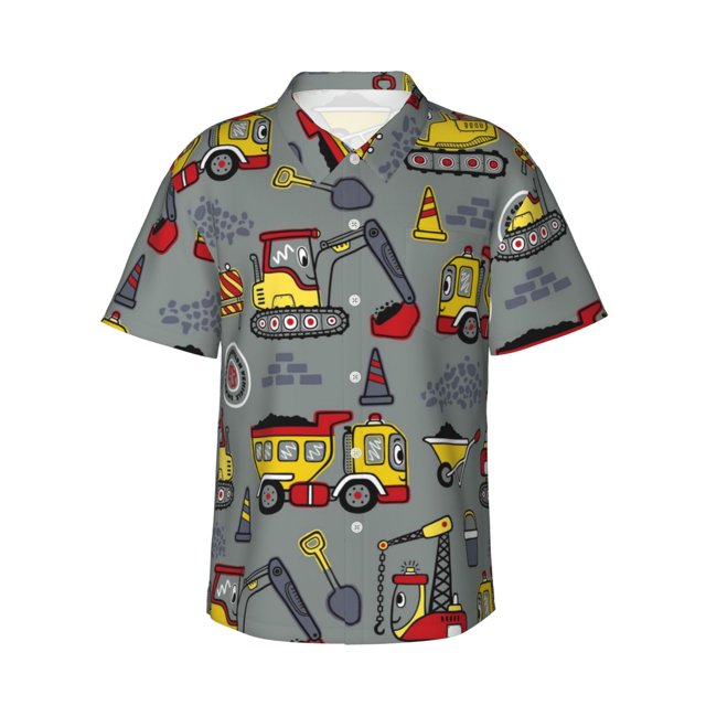 Balery Funny Construction Camisas hawaianas de manga corta para hombre, camisas playeras de corte holgado, camisas de vacaciones con botones,Medium