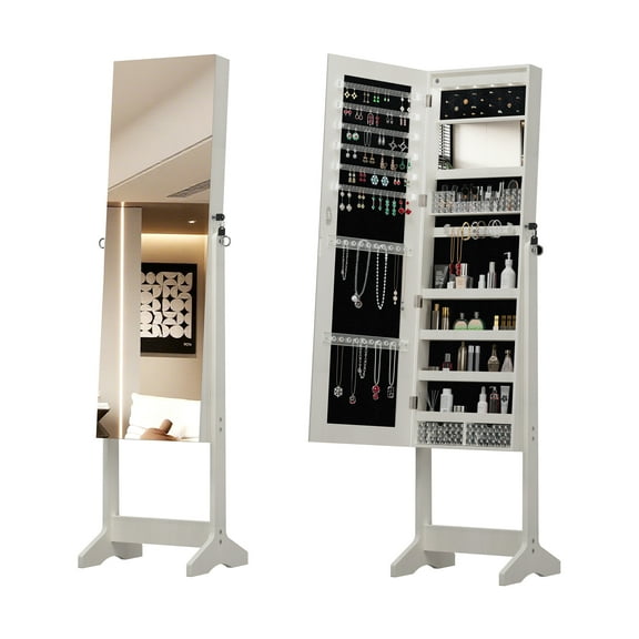 Jewelry Cabinet Armoire with Full Length Mirror, Lockable Storage Cabinet with Interior Light and Organizer Compartments, Stand Alone Design, White Finish