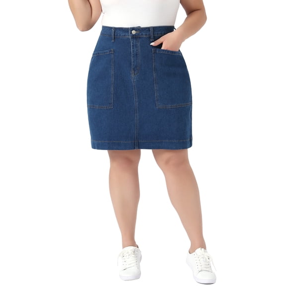 Agnes Orinda Women's Plus Size Denim Pencil Skirts High Waist Work Casual Summer Midi Jean Skirt with Pockets 1X Blue