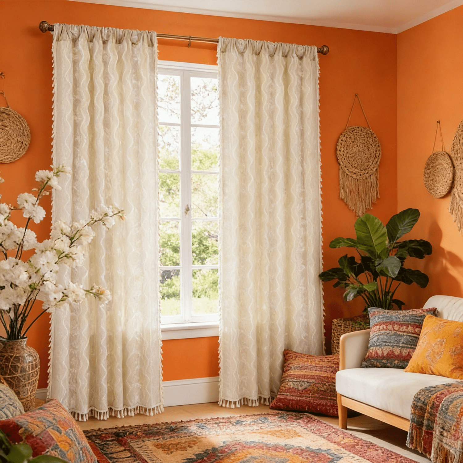 Invoibler Boho Farmhouse Beige Filtering Window Curtains, Linen Blend Drapes with Tassels & White Pattern, 52" x 84", Set of 2